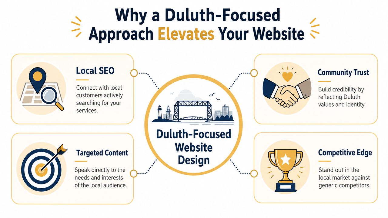 A graphic illustrating the benefits of Duluth-focused website design, highlighting local SEO, community trust, targeted content, and competitive edge.