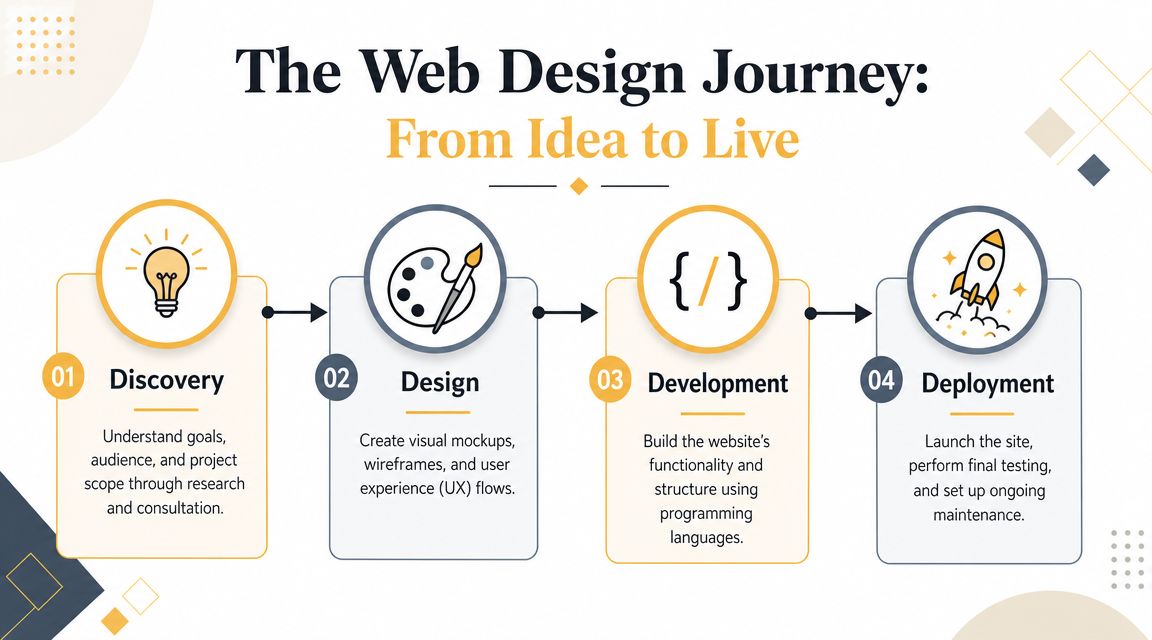 An infographic showing the four stages of a website design journey: discovery, design, development, and deployment.