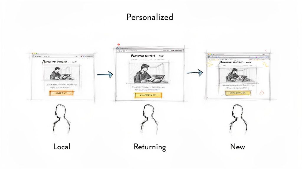 Sketches illustrate personalized website content for local, returning, and new users.