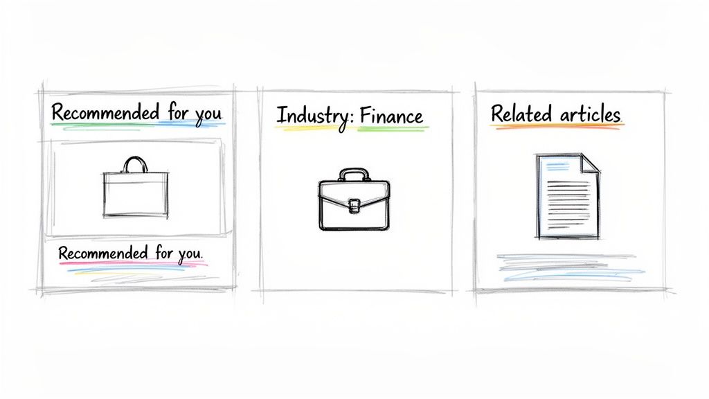 Hand-drawn sketch illustrating different dynamic content sections for a website: recommendations, finance, and related articles.
