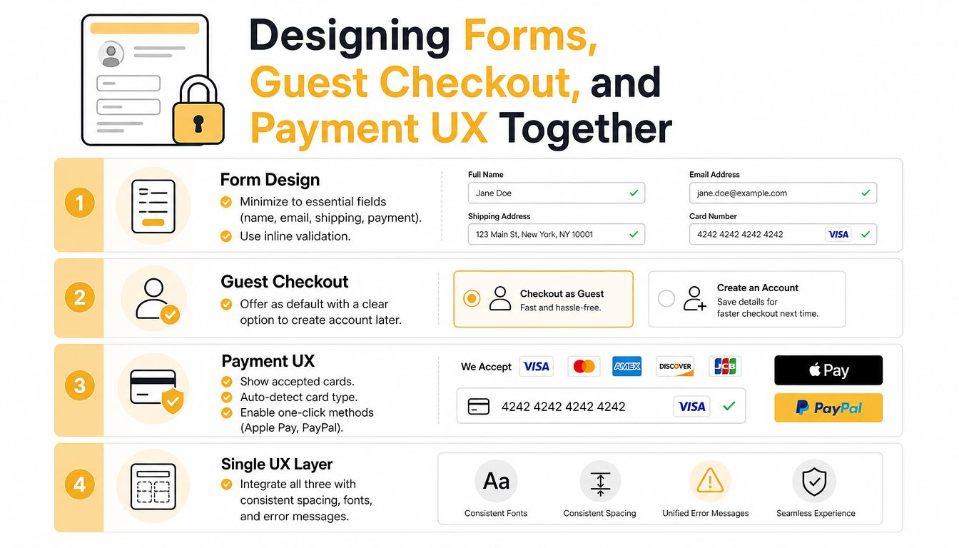 An infographic showing four key steps for optimizing e-commerce forms, guest checkout, and payment user experience.