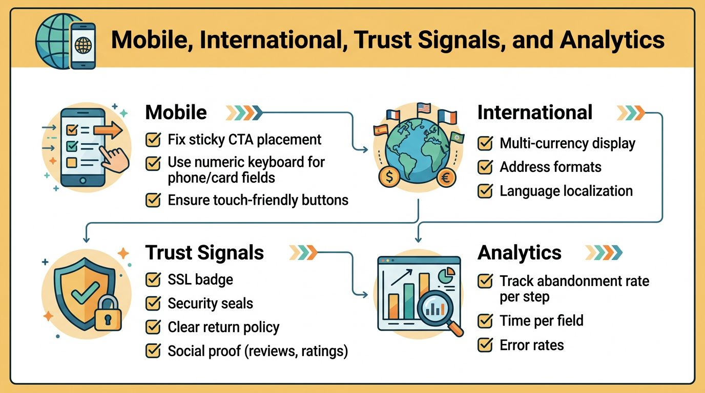 An infographic outlining key strategies for ecommerce checkout optimization including mobile usability, international features, trust signals, and analytics.