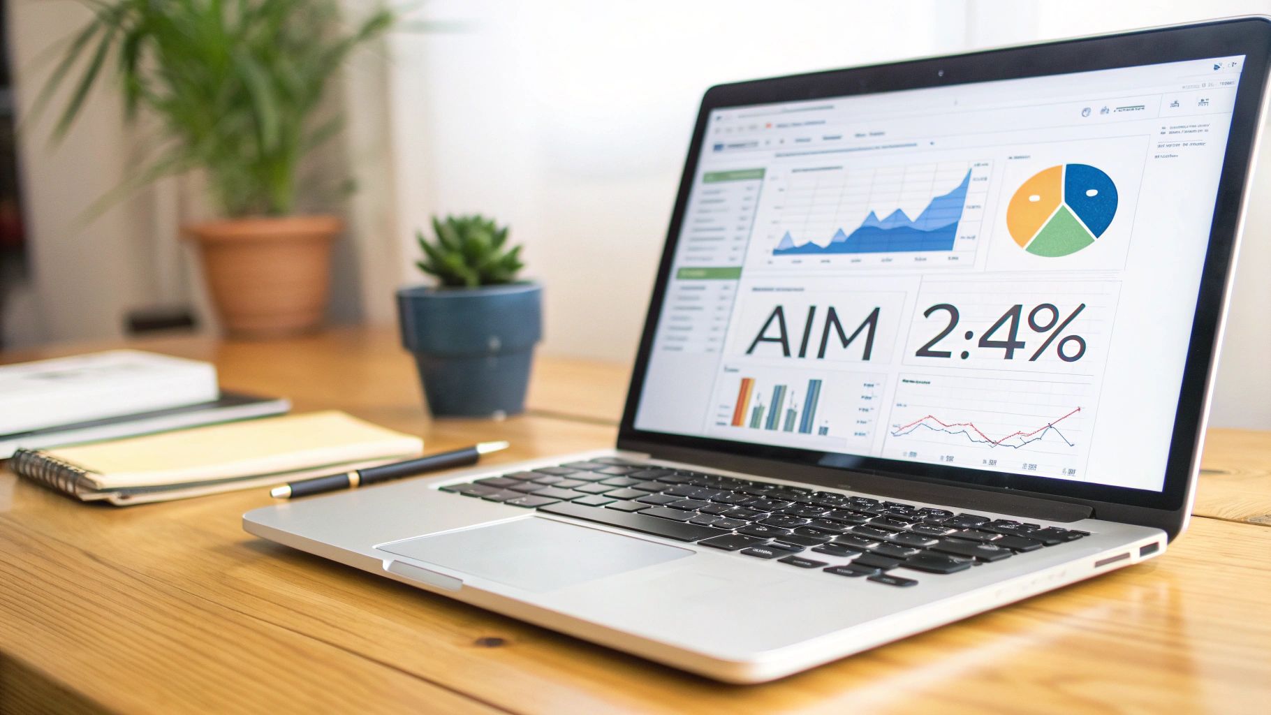 A silver laptop on a wooden desk displays a business dashboard with charts, graphs, and the text 'AIM 2:4%'.
