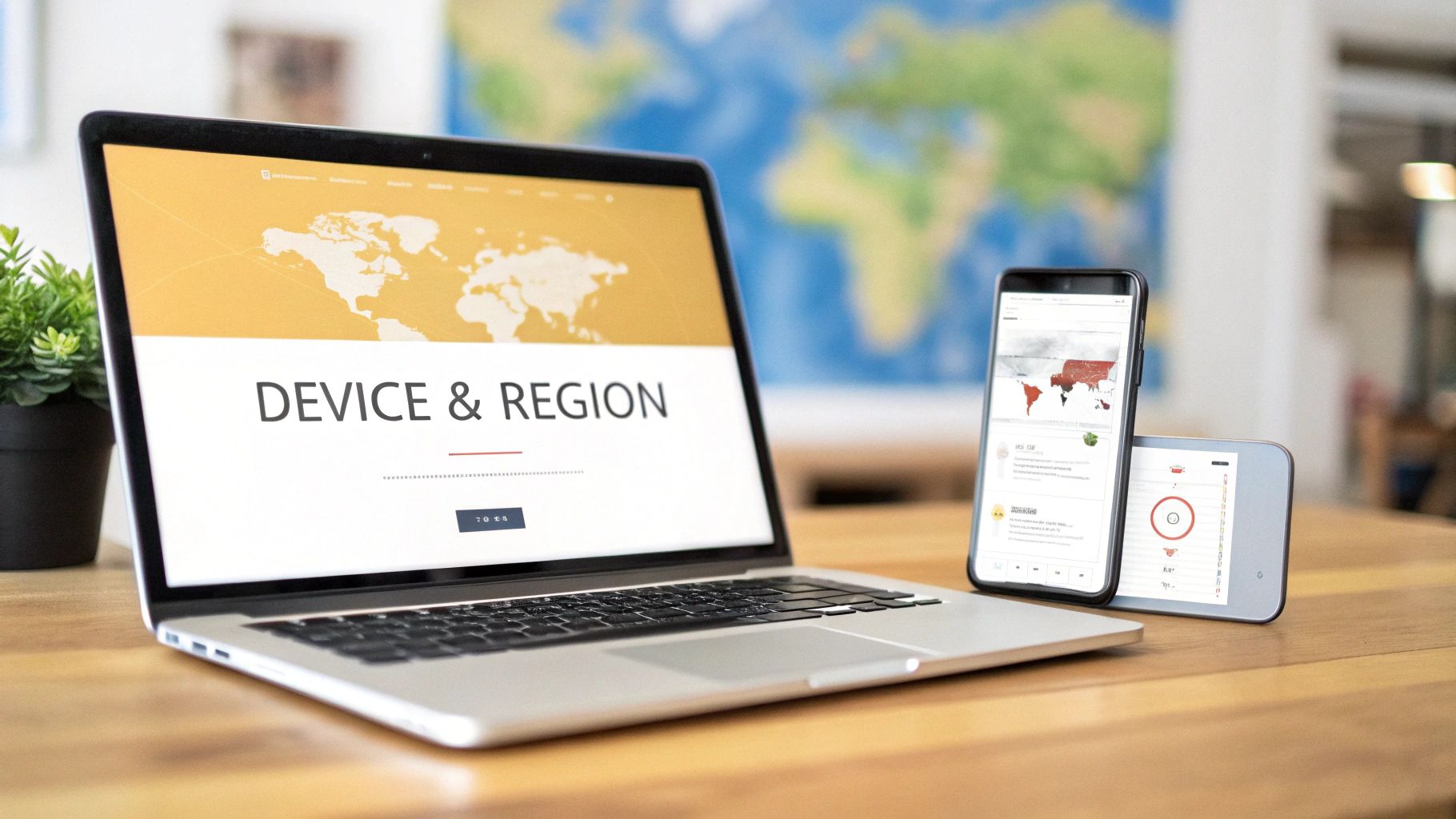 Laptop and two smartphones displaying website analytics, including device and region data with world maps.