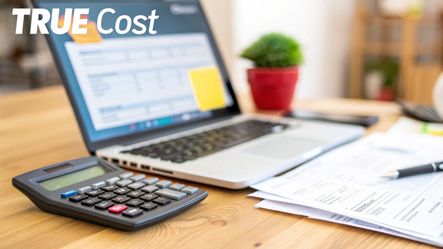 A calculator and credit cards resting on a laptop keyboard, symbolizing the financial considerations of choosing an ecommerce platform.