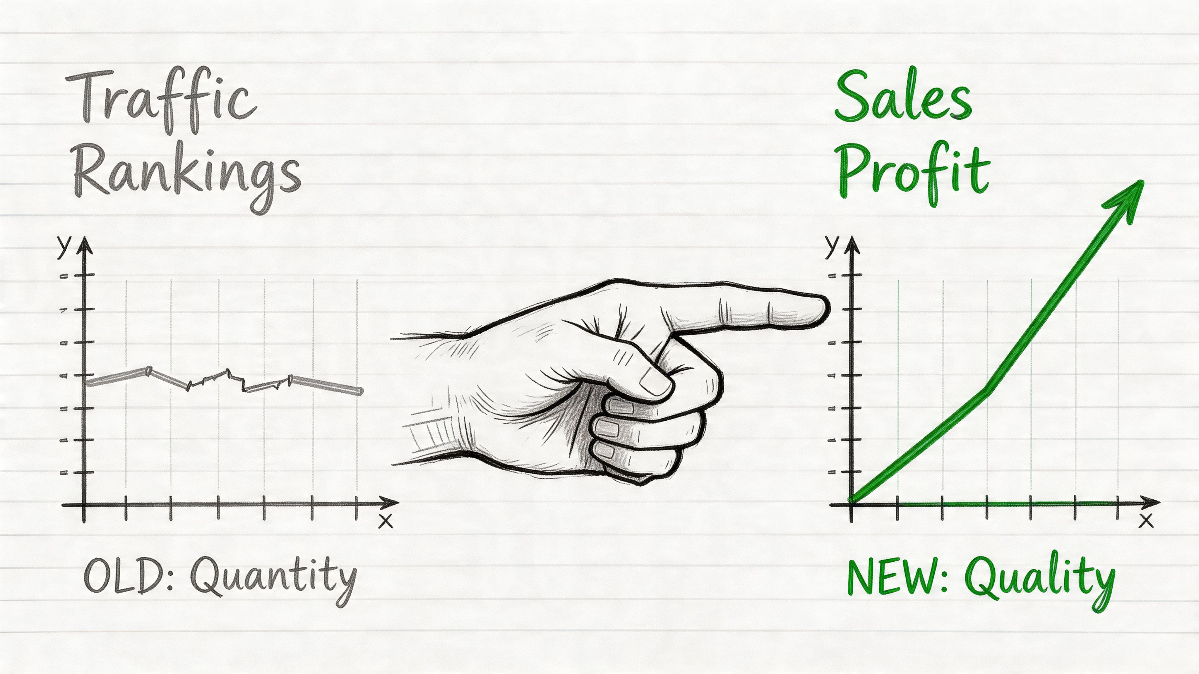 A hand points from a stagnant traffic quantity chart toward an upward trending sales profit quality chart.