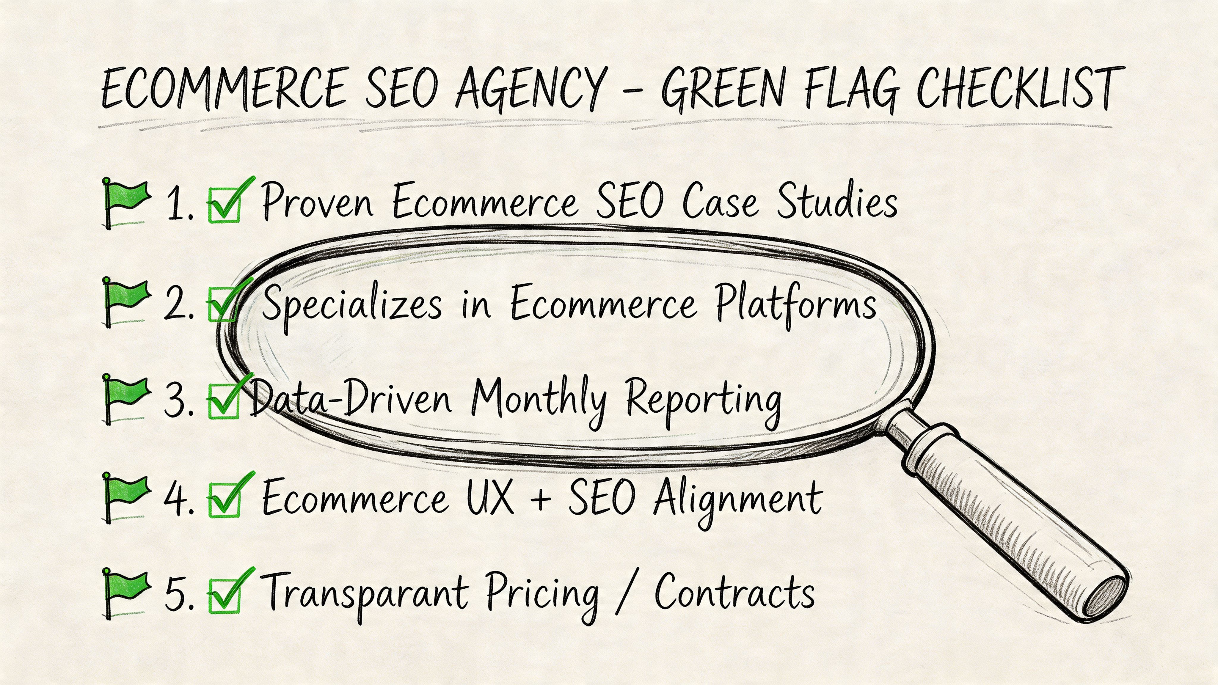 A checklist for choosing an ecommerce SEO agency, highlighting five key green flags for business selection.