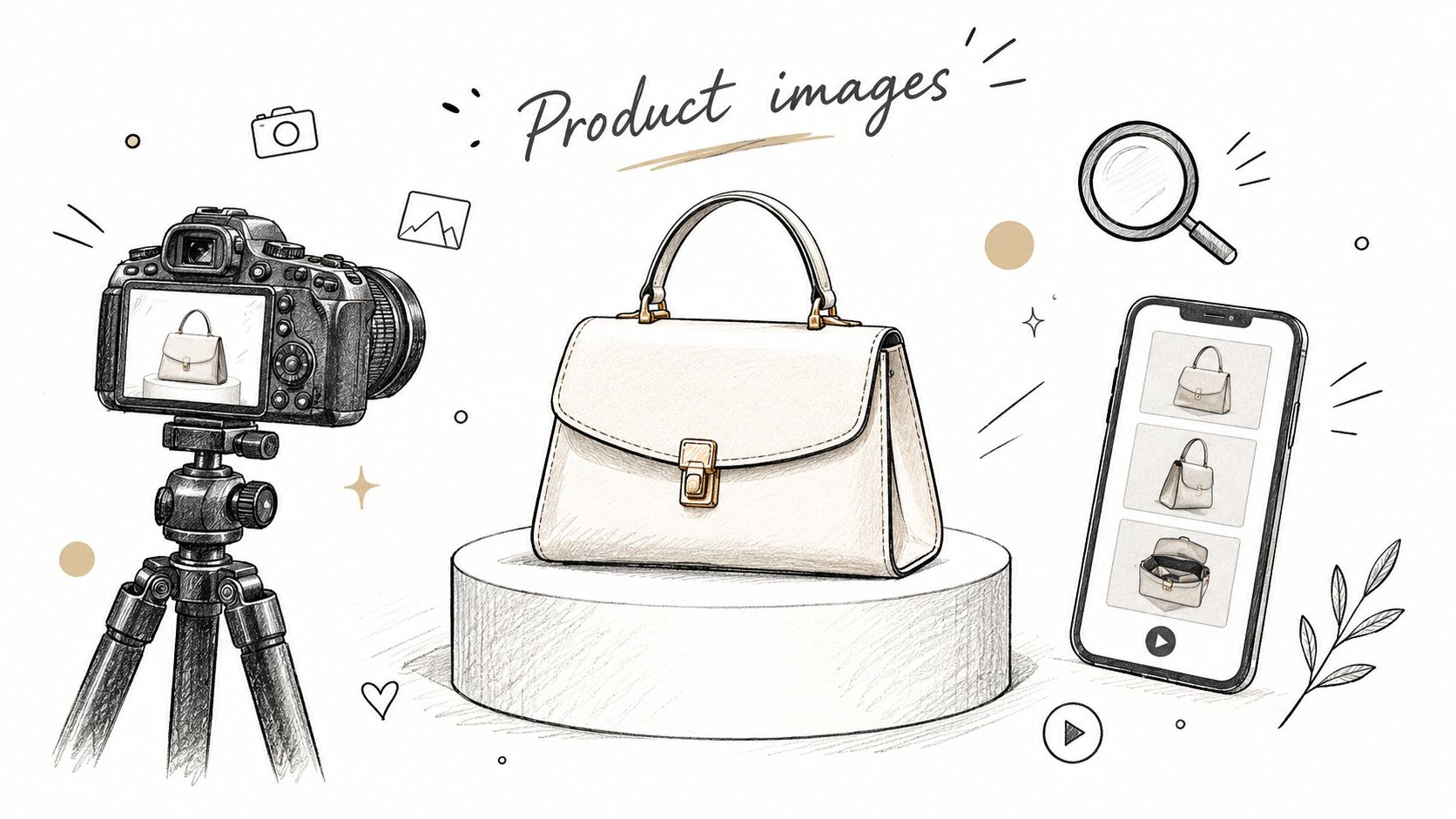 A professional product photography setup for a handbag, featuring a camera on a tripod and smartphone display.