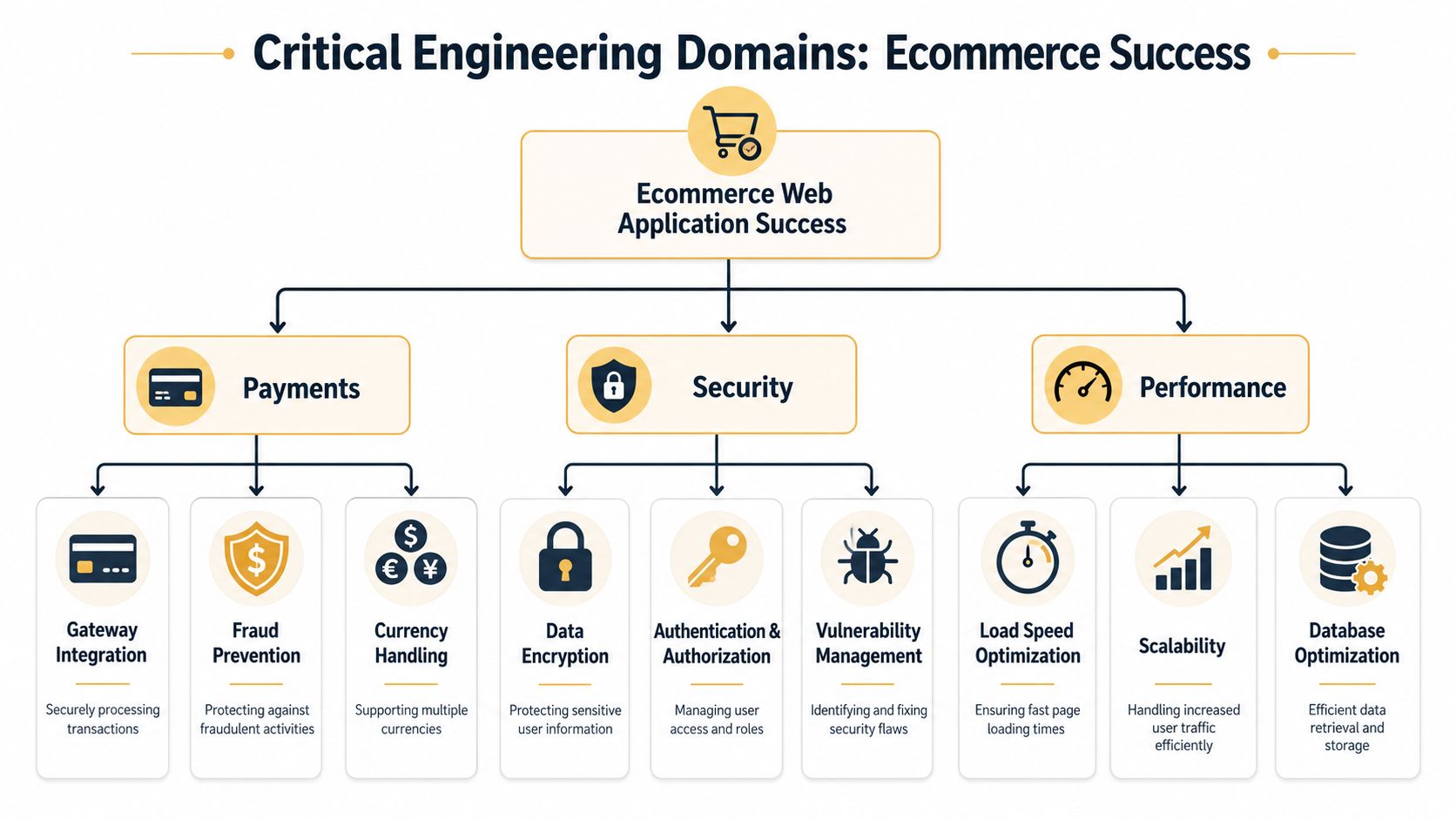 A diagram illustrating the three key pillars for ecommerce web application success: payments, security, and performance.