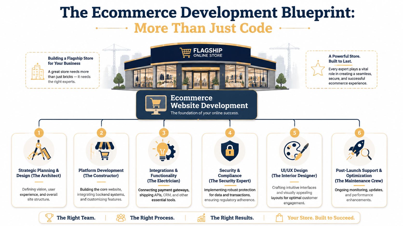 A visual guide outlining the six key stages involved in building a successful ecommerce website development project.