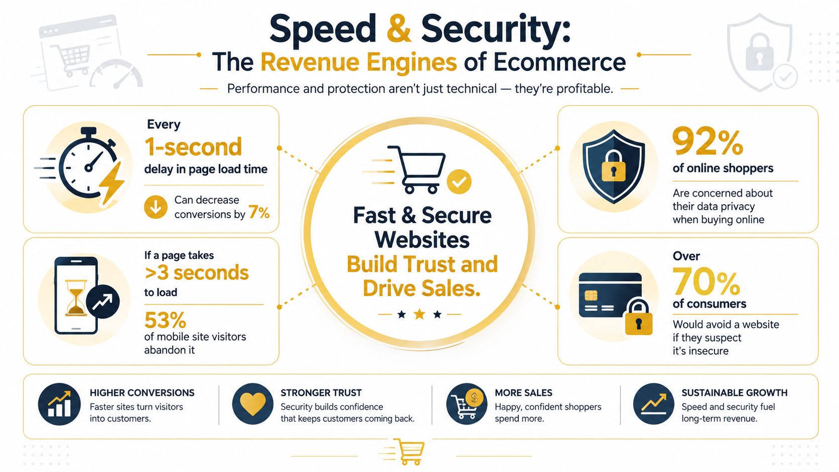 An infographic showing that fast page load speeds and website security increase ecommerce trust and sales revenue.