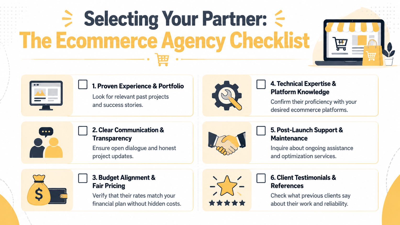 A checklist for selecting an ecommerce agency with six essential criteria for finding the right partner.