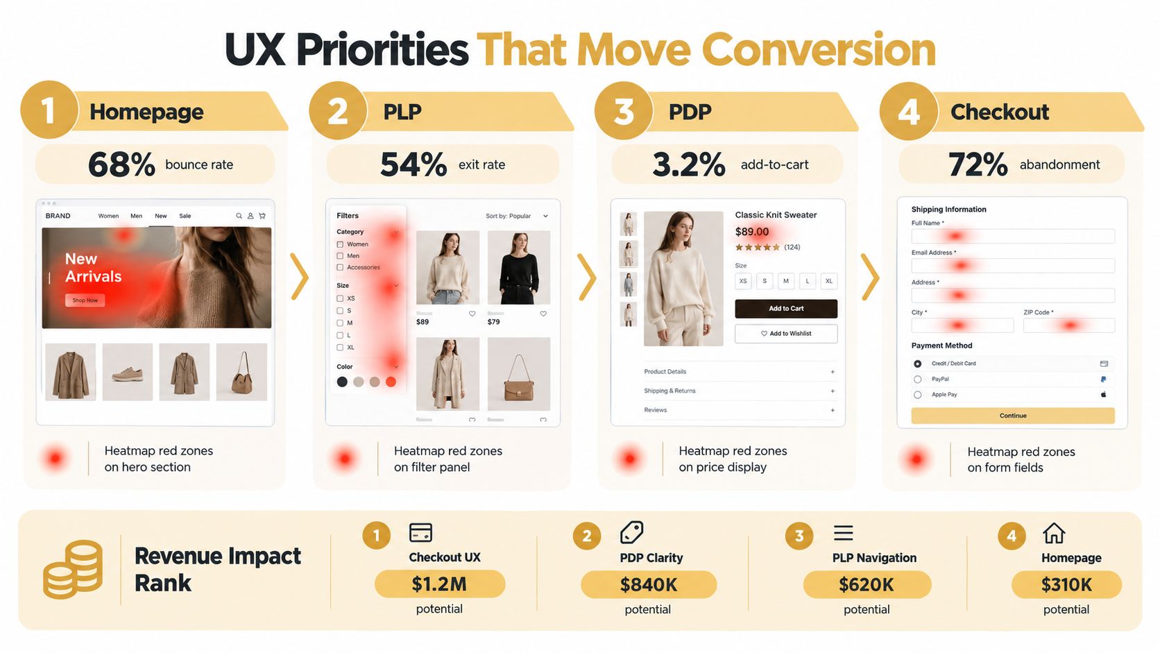 An infographic showing four key ecommerce UX priorities including homepage, PLP, PDP, and checkout along with revenue impact.