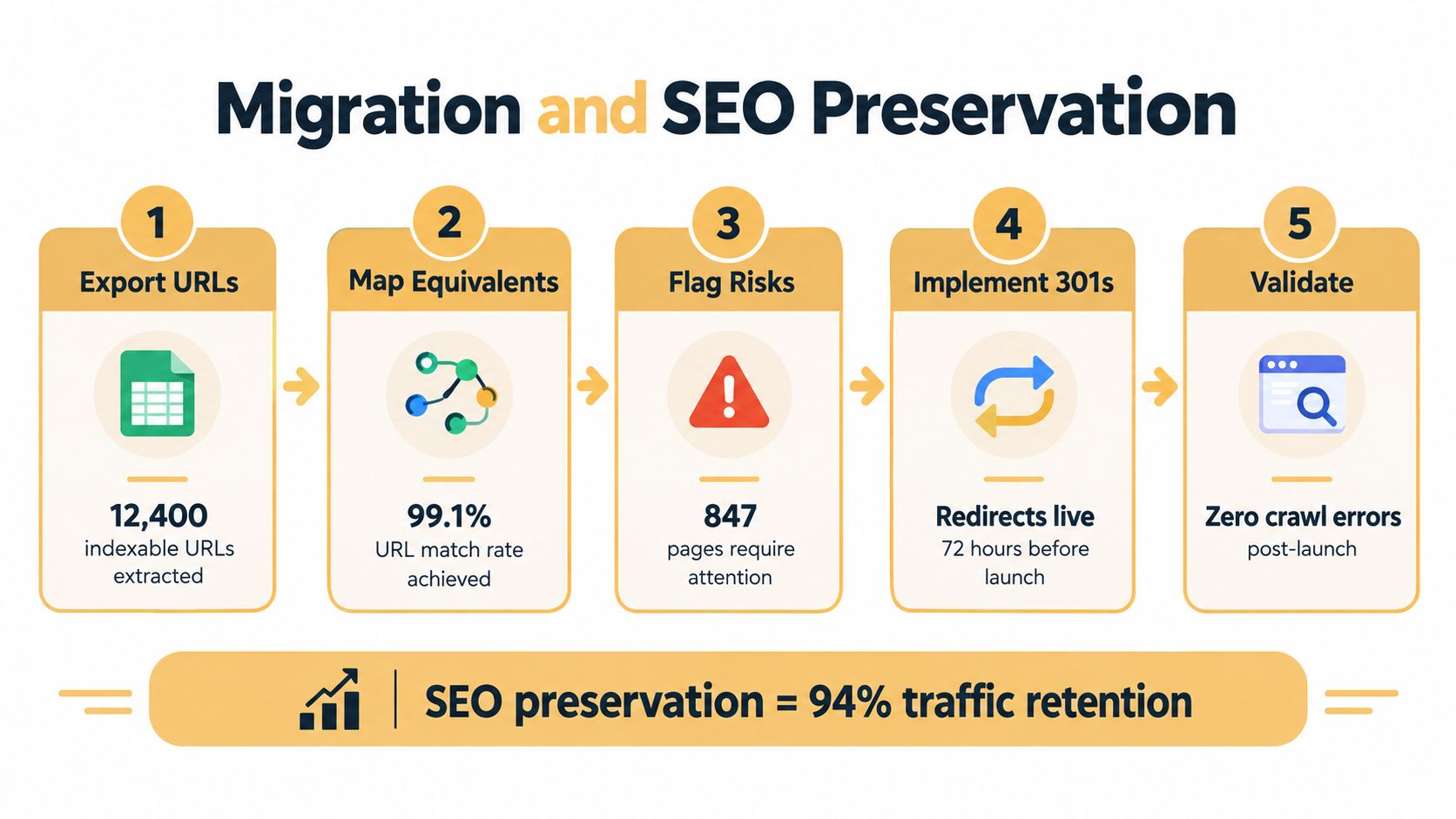 A five-step flowchart infographic illustrating the process of website migration and maintaining SEO performance during launch.
