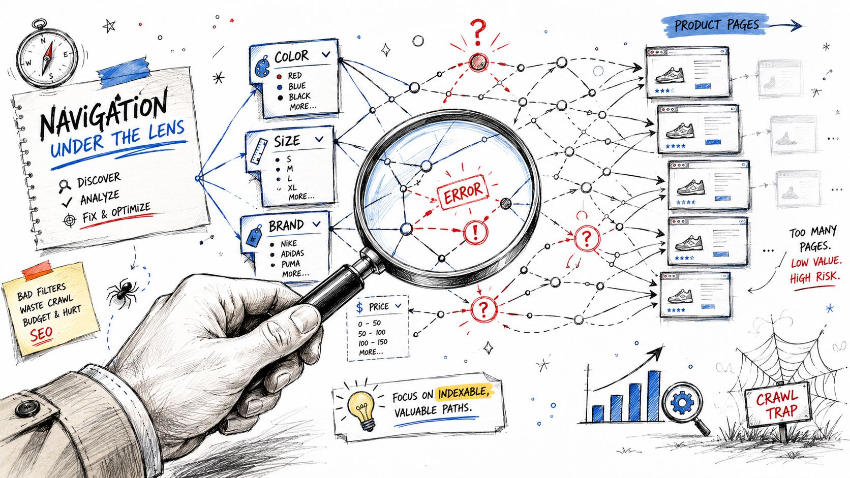 A hand holds a magnifying glass over a website navigation diagram depicting faceted navigation and crawl traps.