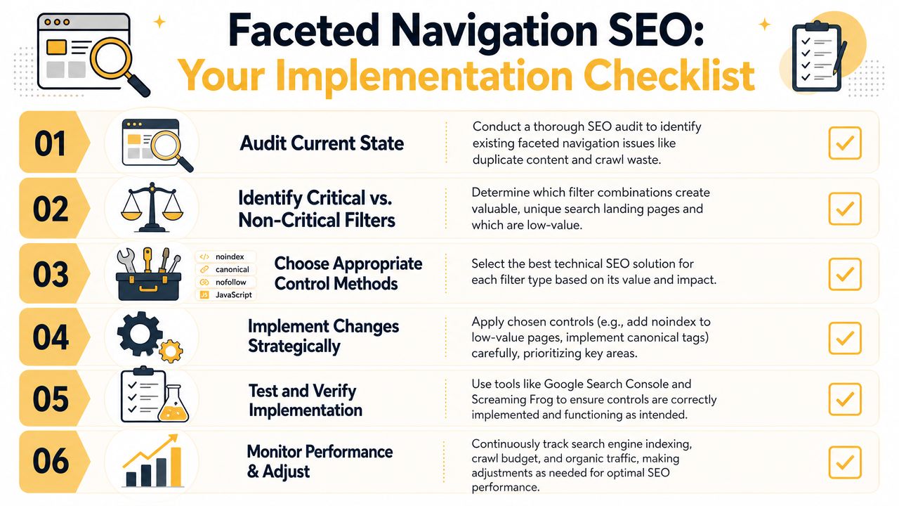 A checklist infographic outlining six essential steps for optimizing faceted navigation for better SEO performance.