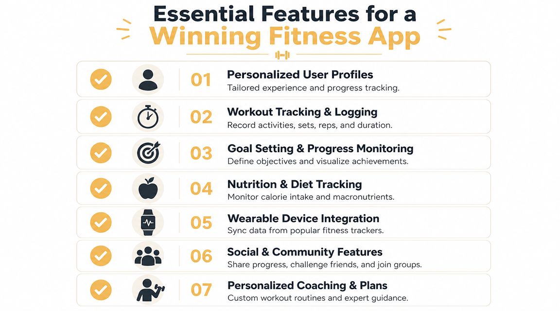 A list of seven essential features for a winning fitness app, including tracking, nutrition, and community.
