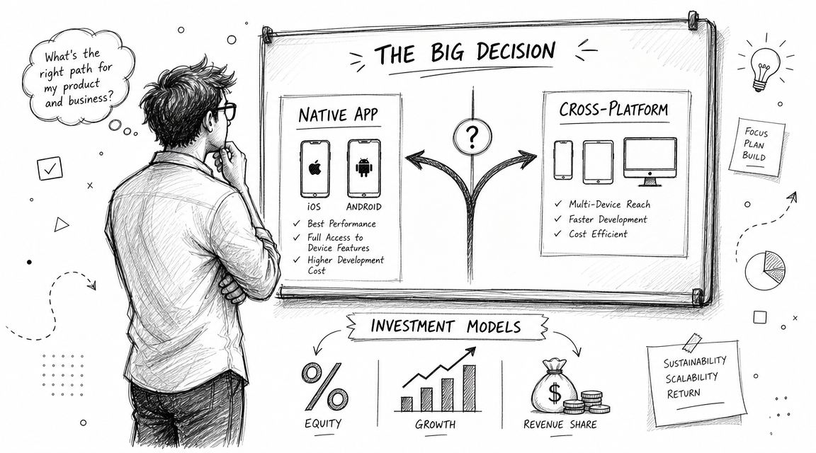 A person contemplating the choice between native app and cross-platform development for their business software strategy.