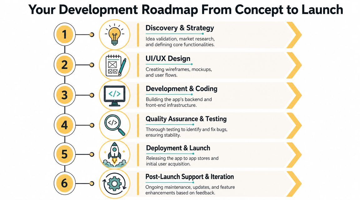 A six-step roadmap illustration outlining the mobile application development process from concept to final launch.