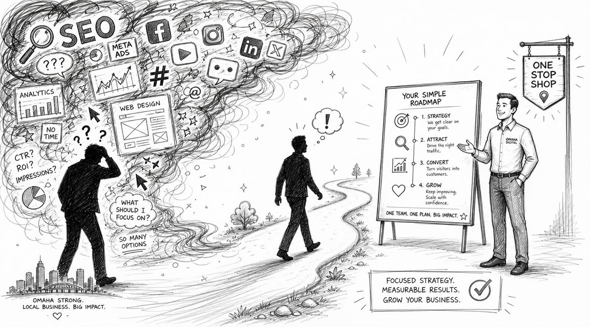 A digital marketing sketch showing a stressed business owner guided toward a clear, successful growth roadmap.