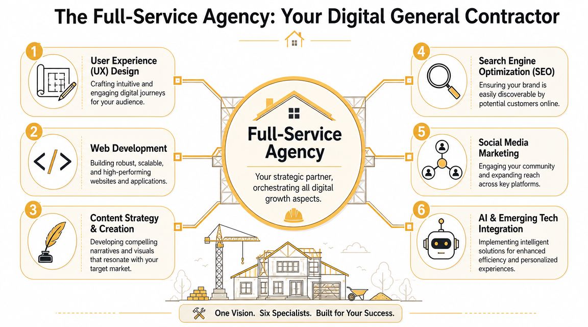 An infographic showing six digital services offered by a full-service agency, represented by a construction theme.