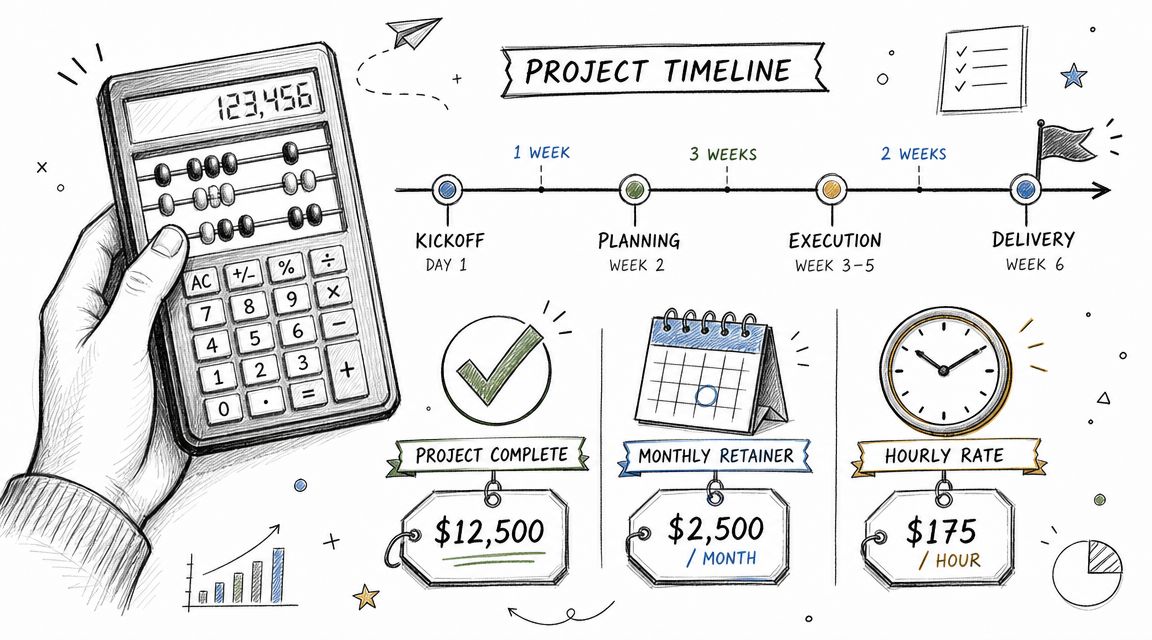 A hand-drawn illustration showing a project timeline, calculator, and financial costs for design agency services.