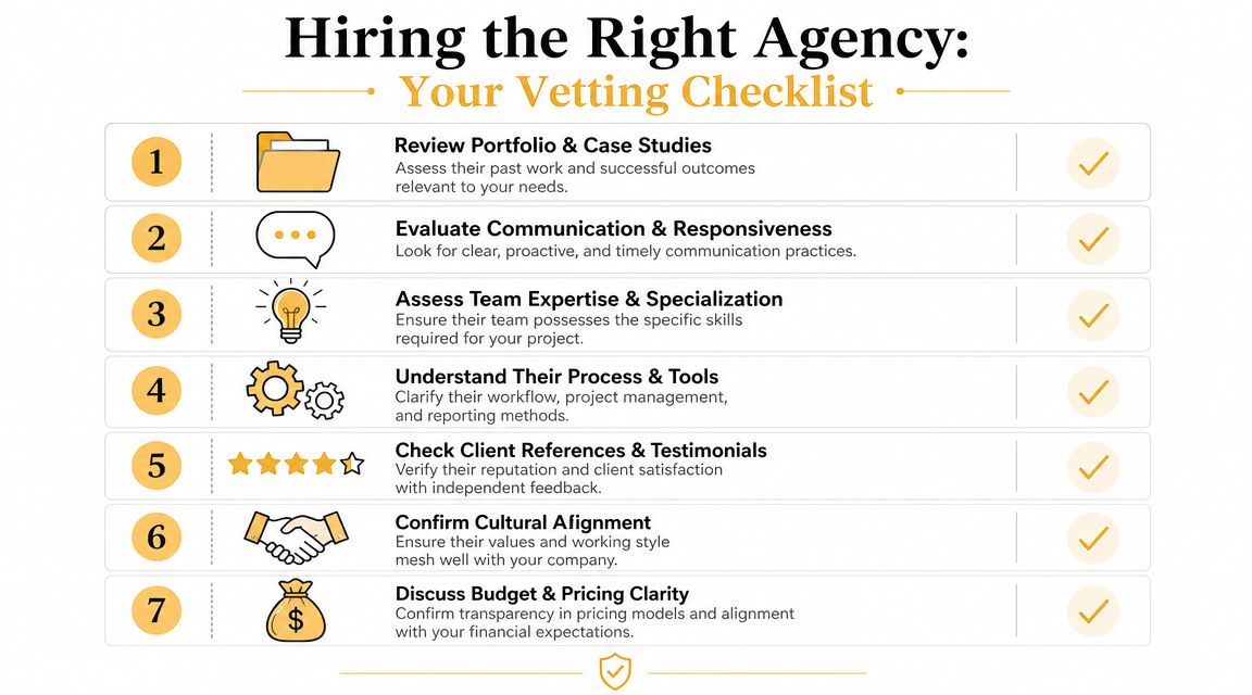 A seven-step checklist infographic for evaluating and hiring the right professional agency for your business.