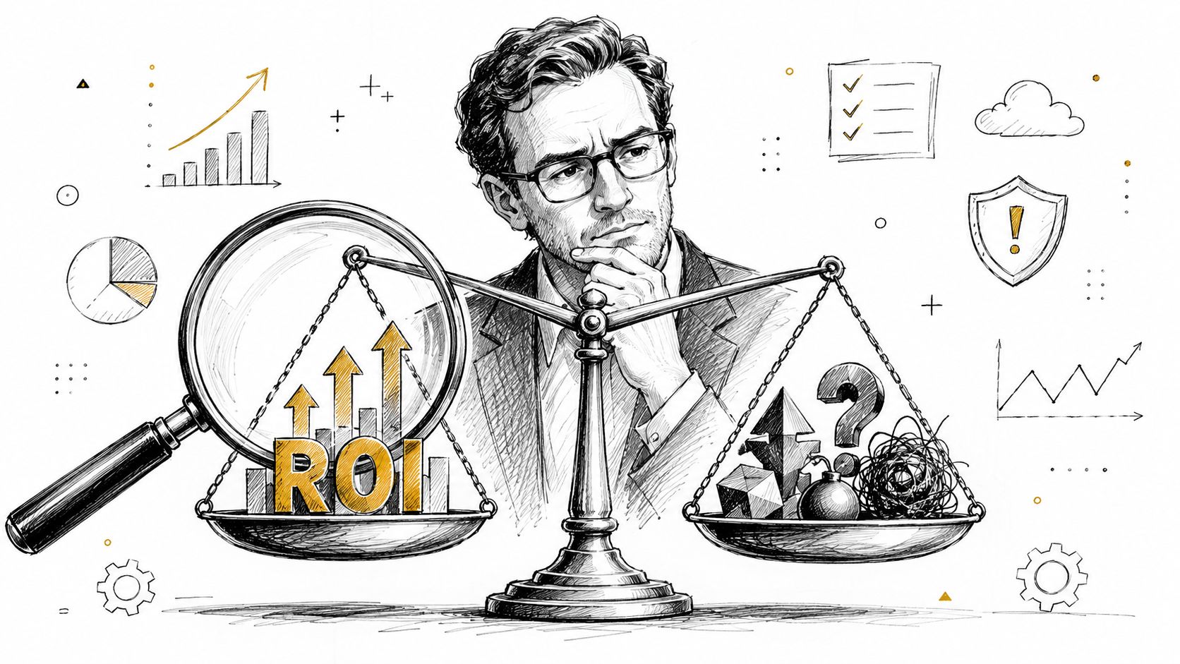 A professional man weighing Return on Investment against complex business challenges and uncertainty on a scale.