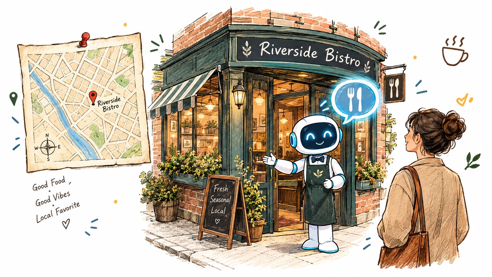 A friendly robot greeter outside a quaint brick bistro, inviting a customer to dine inside.