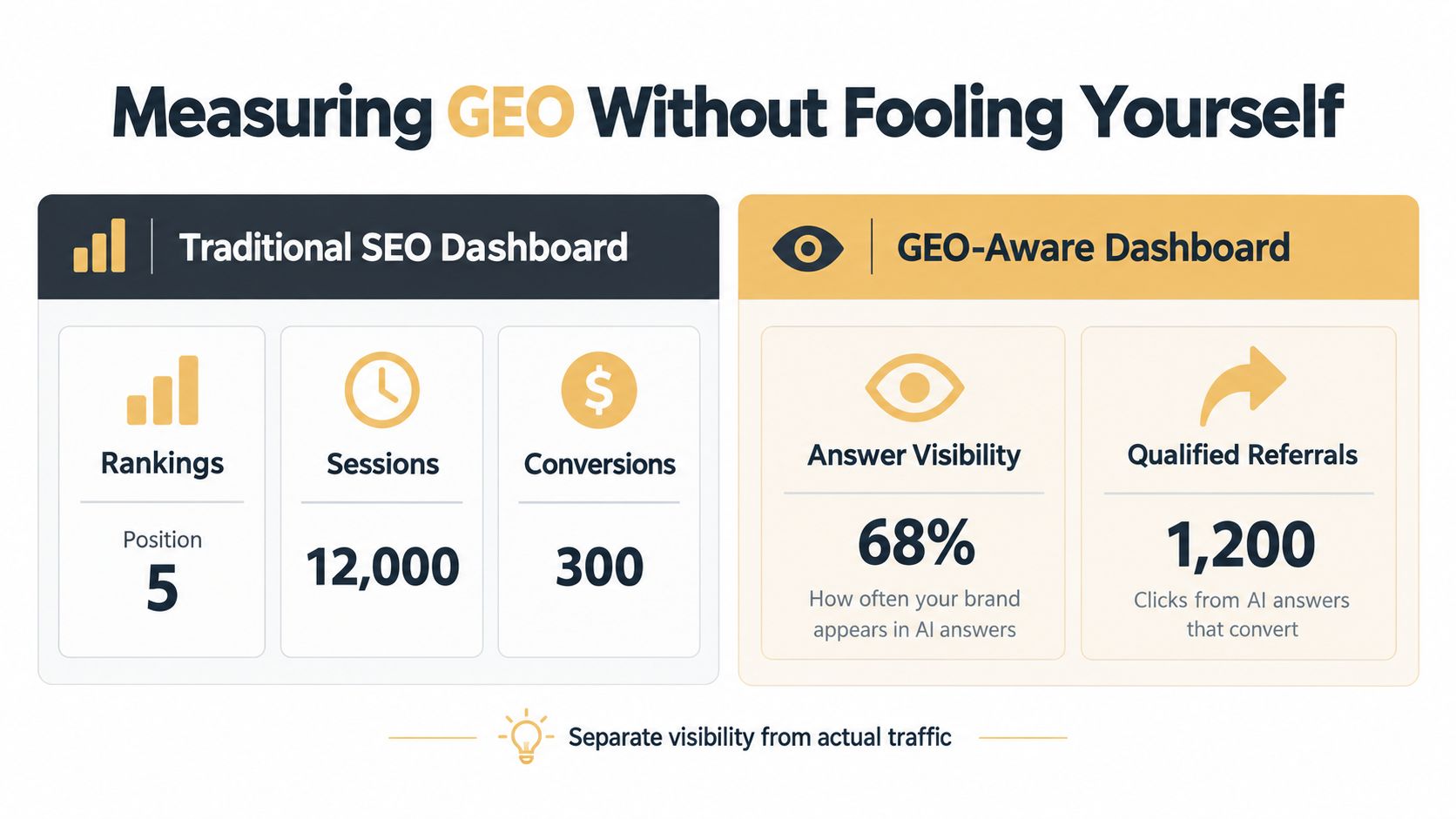 A comparison chart showing metrics between a traditional SEO dashboard and a modern GEO-aware dashboard.
