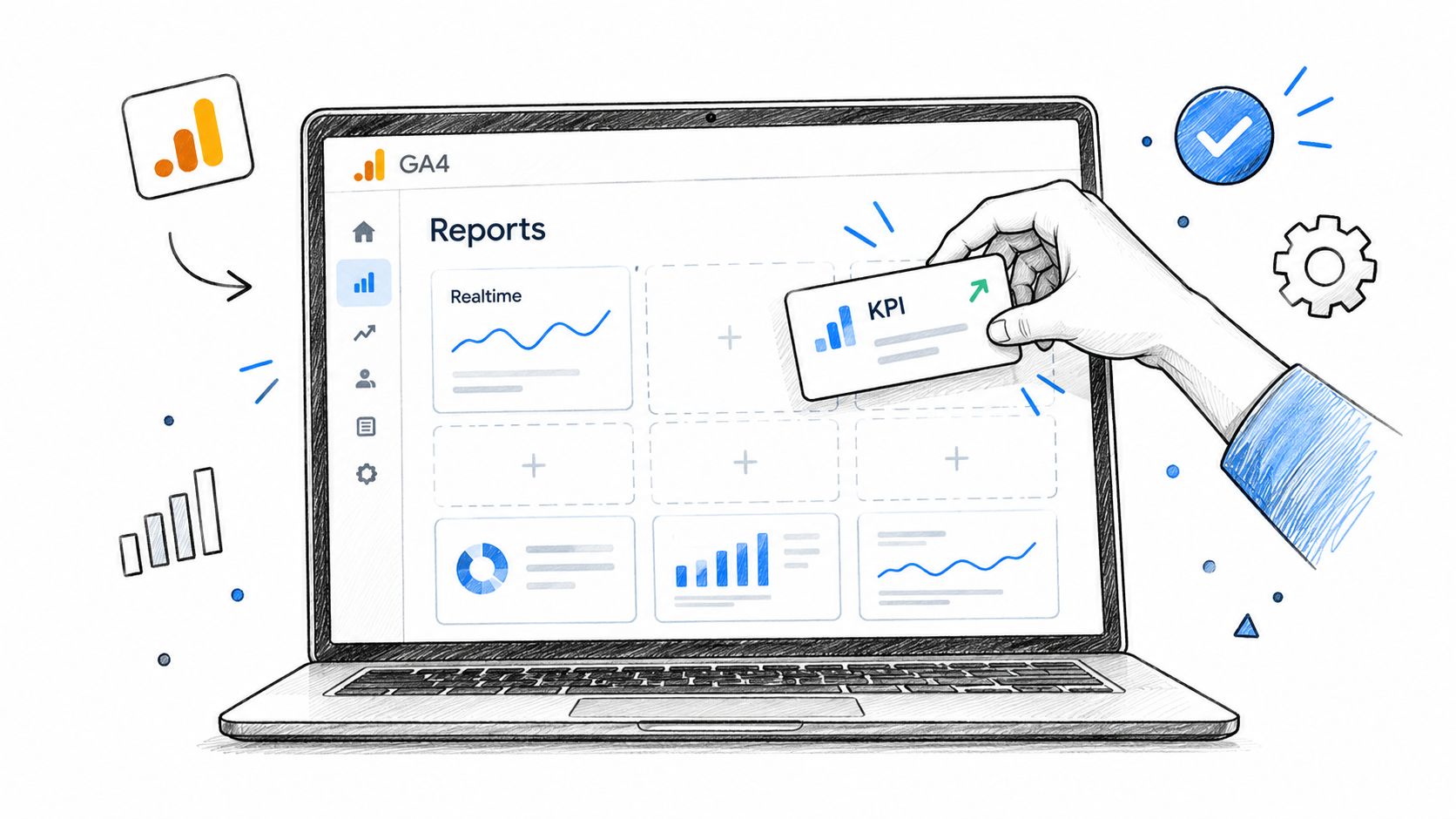 A hand placing a KPI card onto a digital Google Analytics dashboard on a laptop screen.