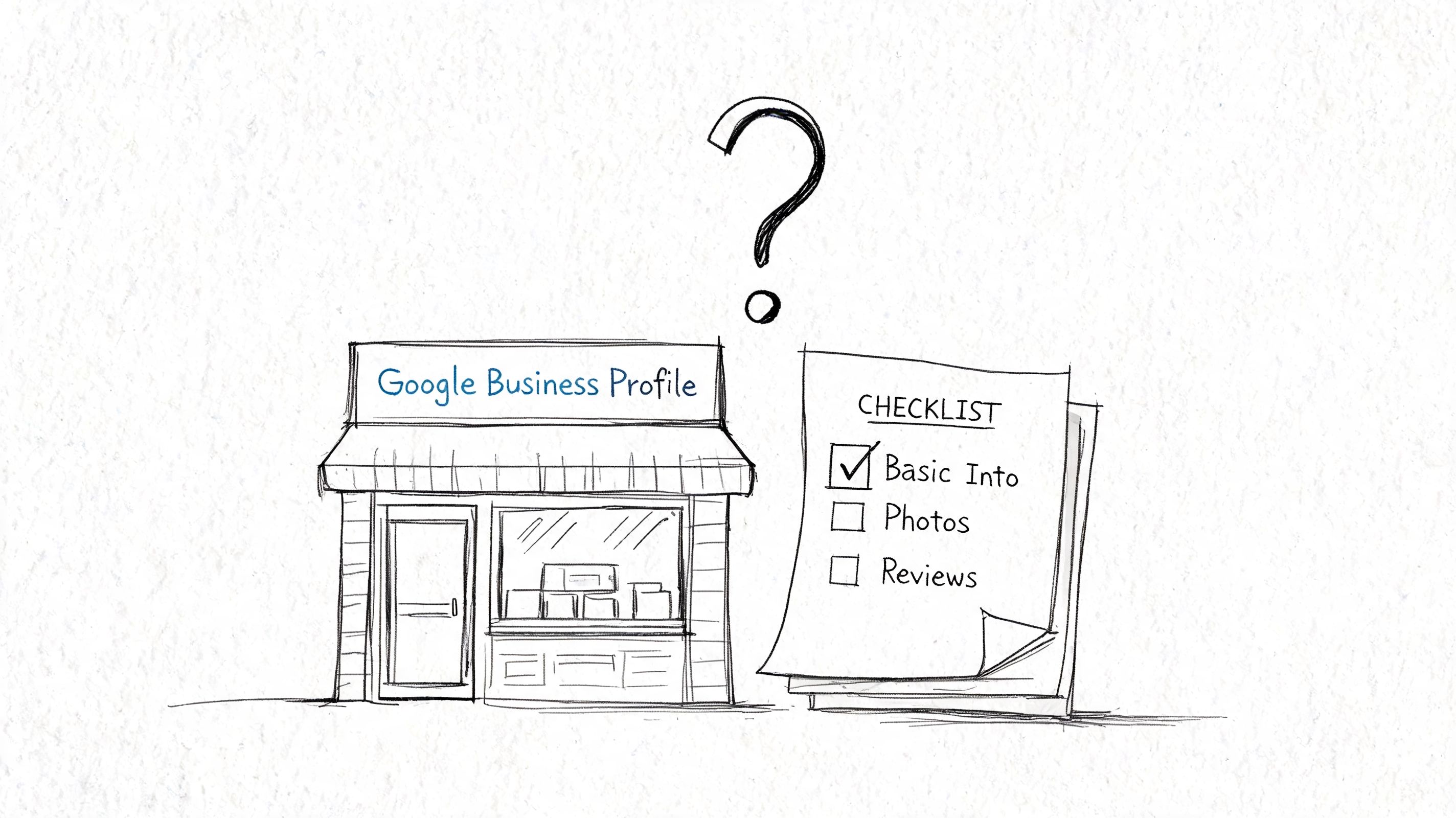 A hand-drawn illustration showing a Google Business Profile storefront next to a checklist with tasks.