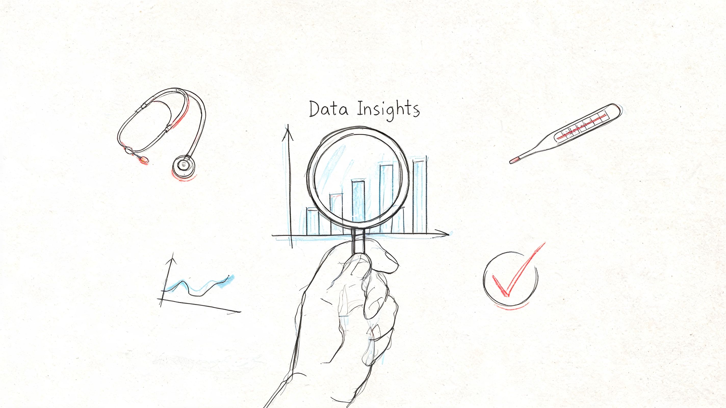 A hand holding a magnifying glass over a bar chart illustrating data insights in a medical context.