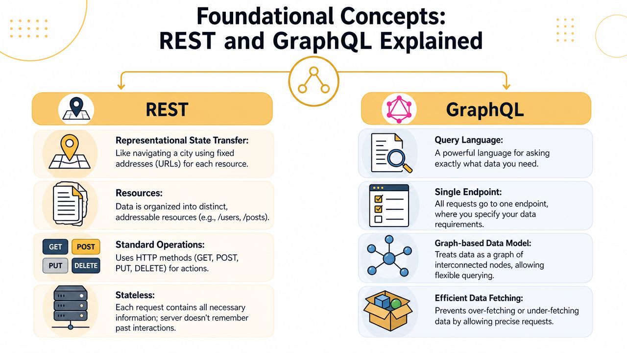 An infographic comparing REST and GraphQL, explaining their core differences in structure, endpoints, and data fetching.