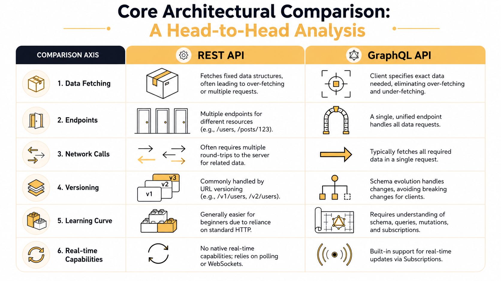 A comparison chart outlining the key architectural differences between REST APIs and GraphQL API technologies.