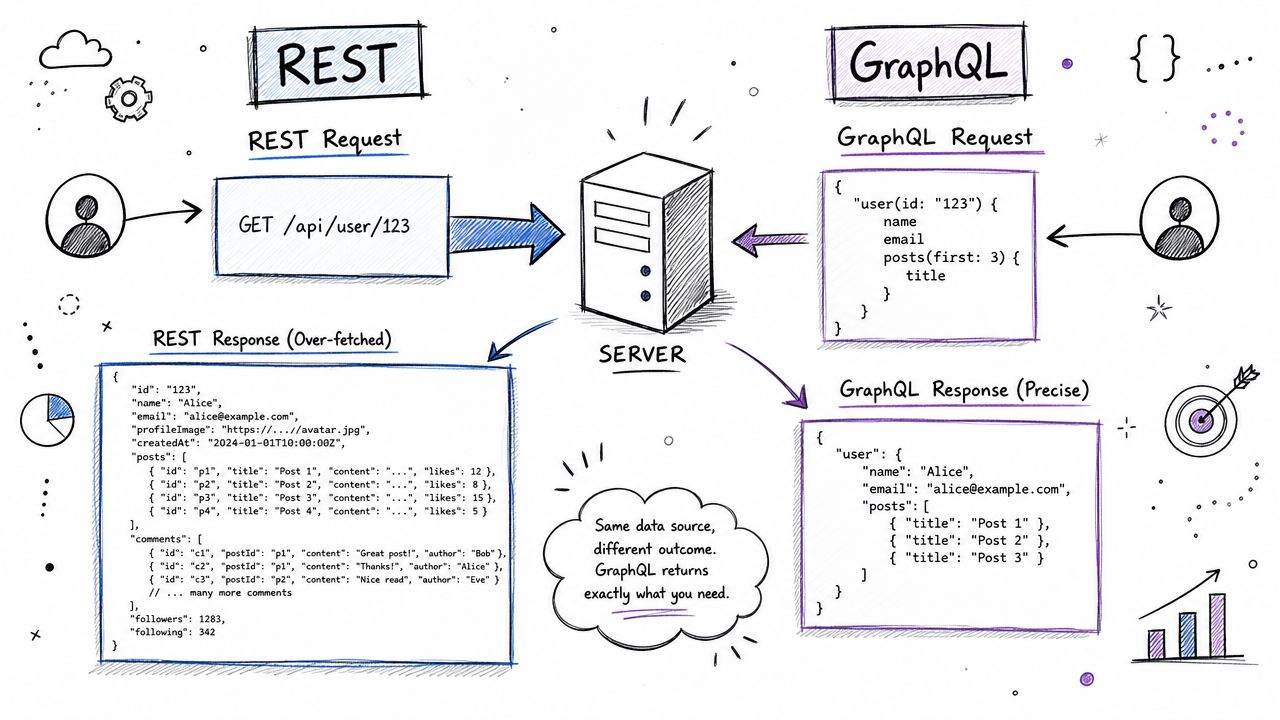 A diagram comparing REST API over-fetching with precise GraphQL data requests and responses from a server.