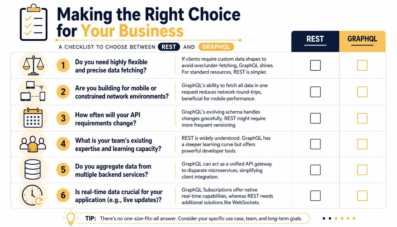 A comparative checklist infographic helping businesses decide between using REST or GraphQL for their API architecture.