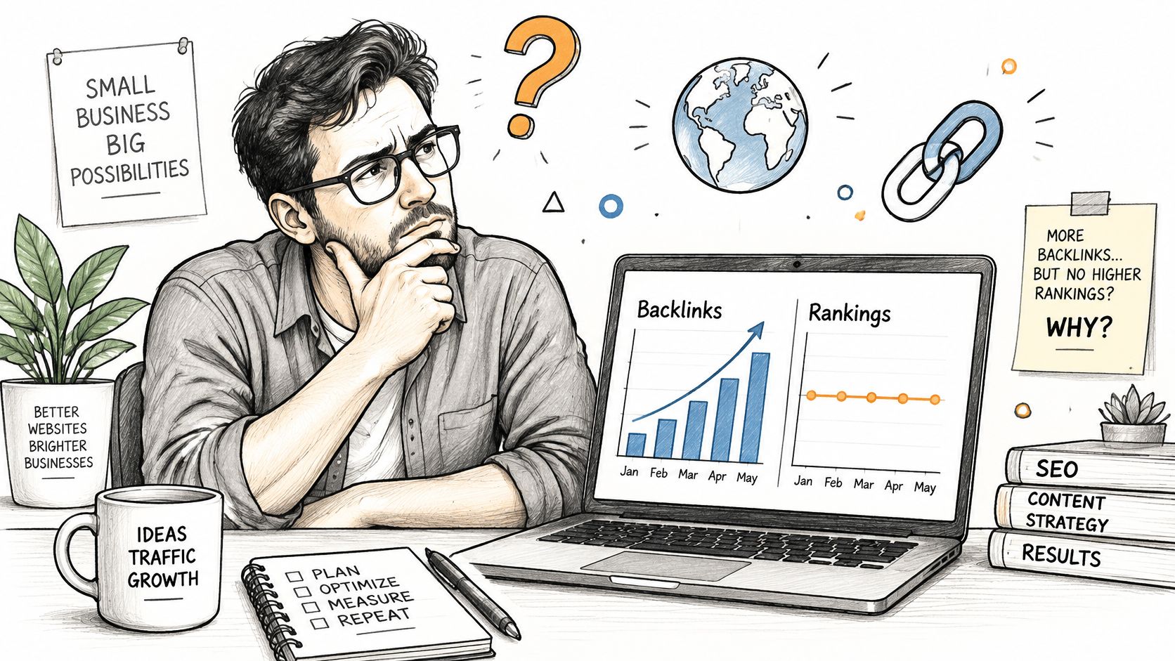 A pensive professional analyzing SEO data on a laptop showing increasing backlinks but stagnant search rankings.