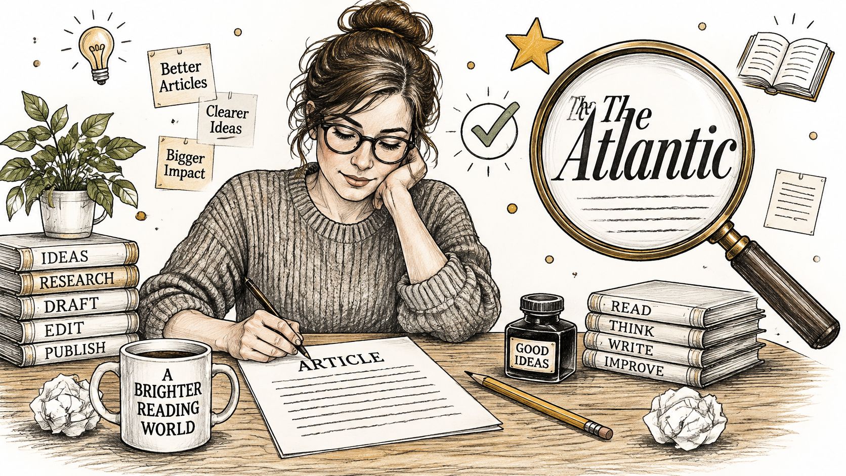 A focused woman writing an article at her desk surrounded by books, notes, and professional stationery tools.