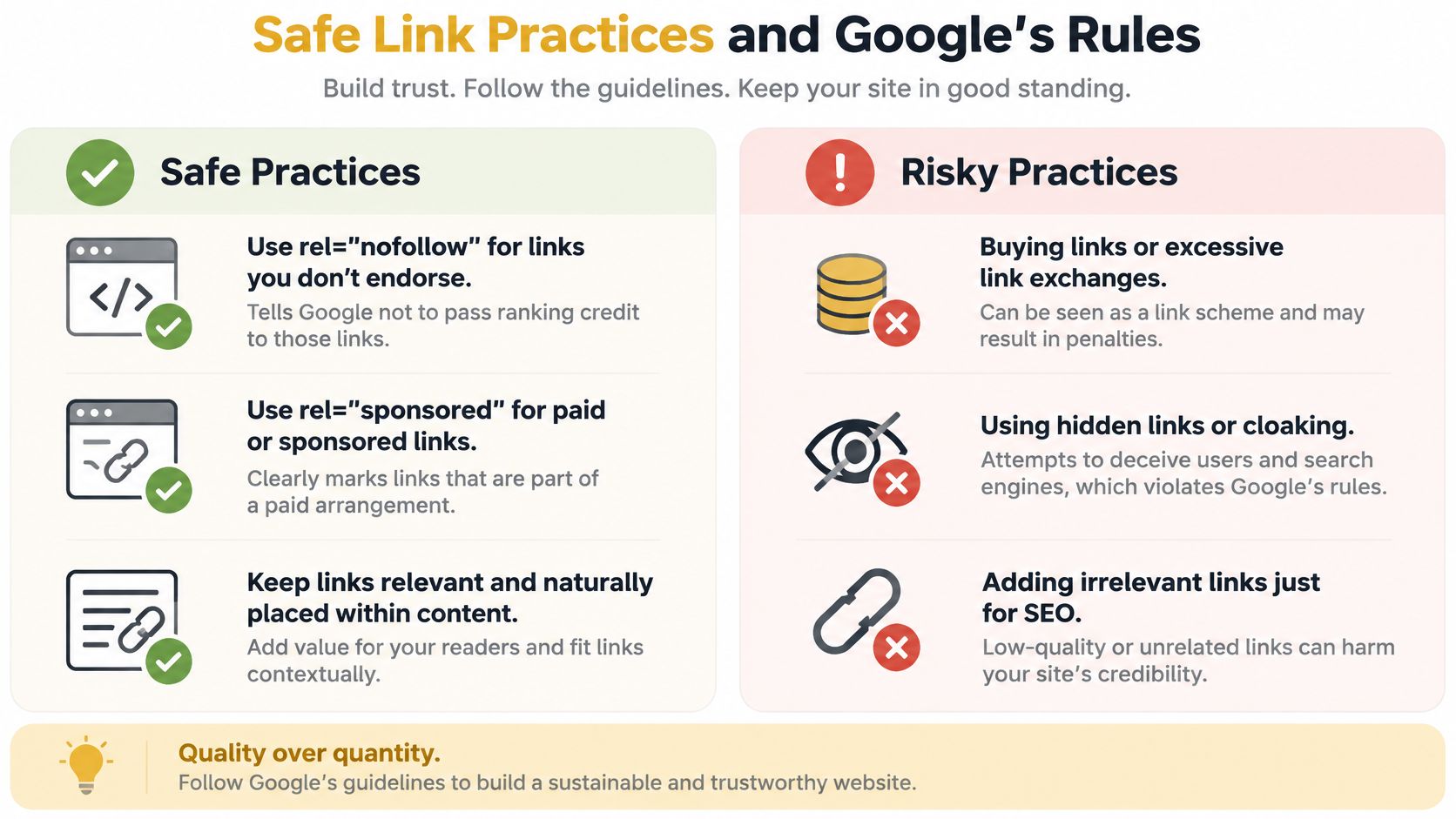 An infographic showing safe and risky link practices to help websites follow Google search guidelines.