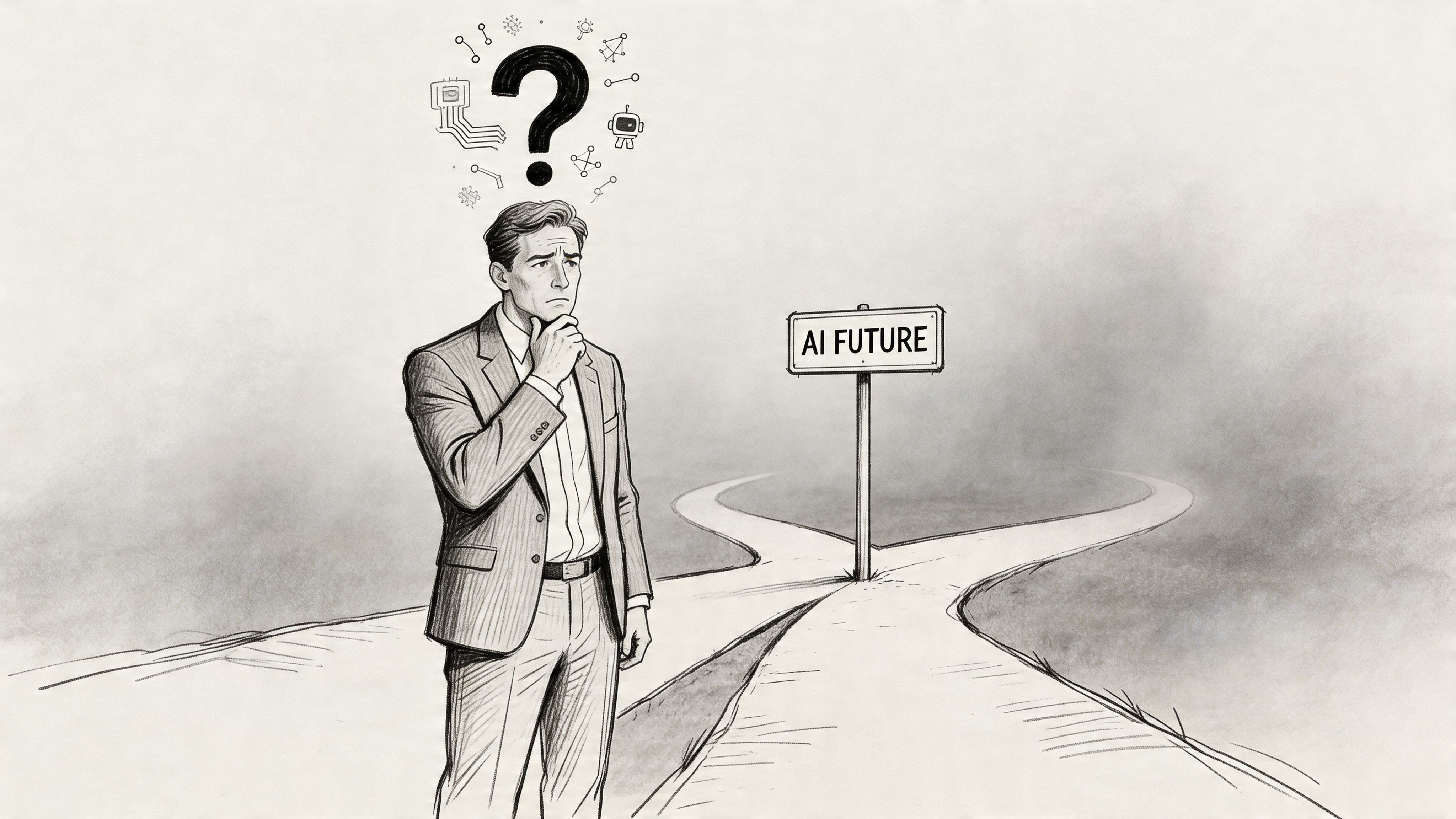 A pensive businessman standing at a fork in the road contemplating the future of artificial intelligence.