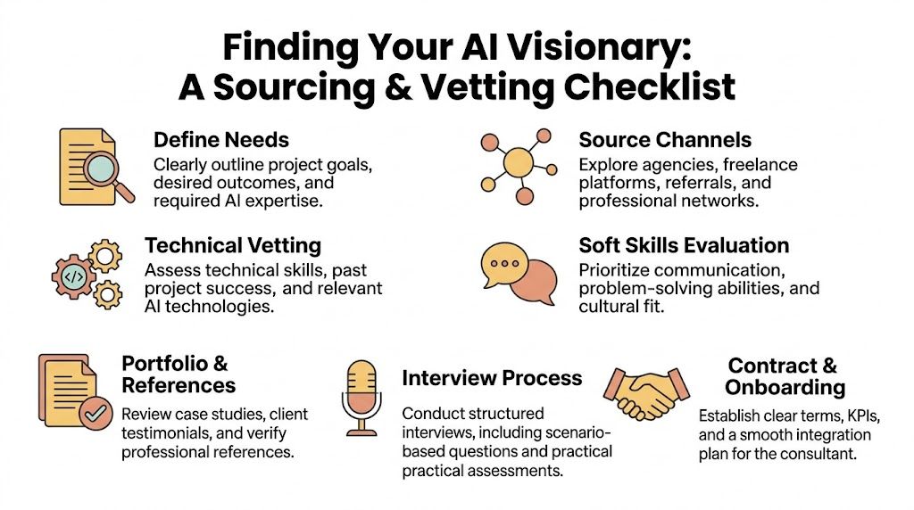 A checklist infographic titled Finding Your AI Visionary showing steps to source and vet AI consultants.