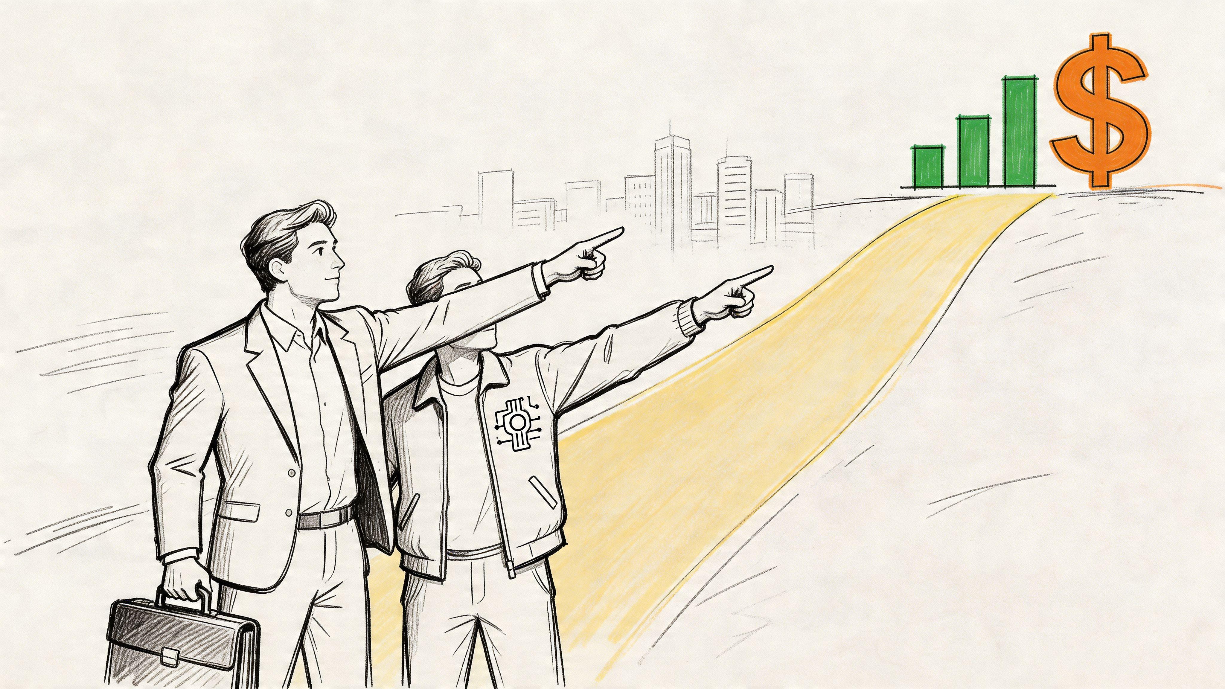 A professional man and an AI developer pointing toward a successful business future and financial growth.