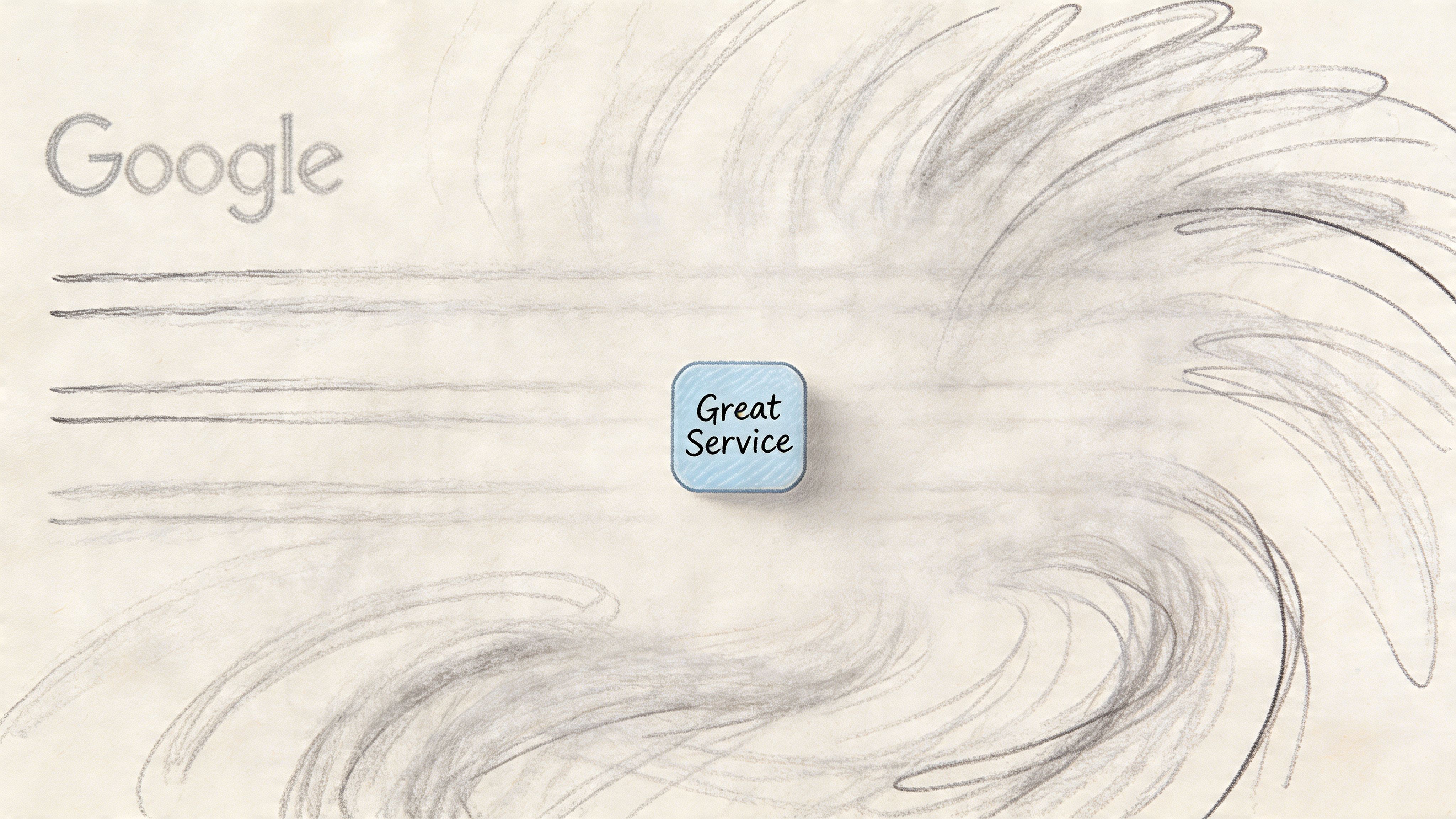 A minimalist sketch background featuring the Google logo and a blue icon with the text Great Service.