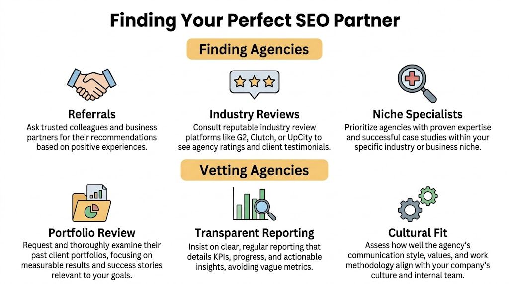 An infographic titled Finding Your Perfect SEO Partner listing key steps for finding and vetting SEO agencies.