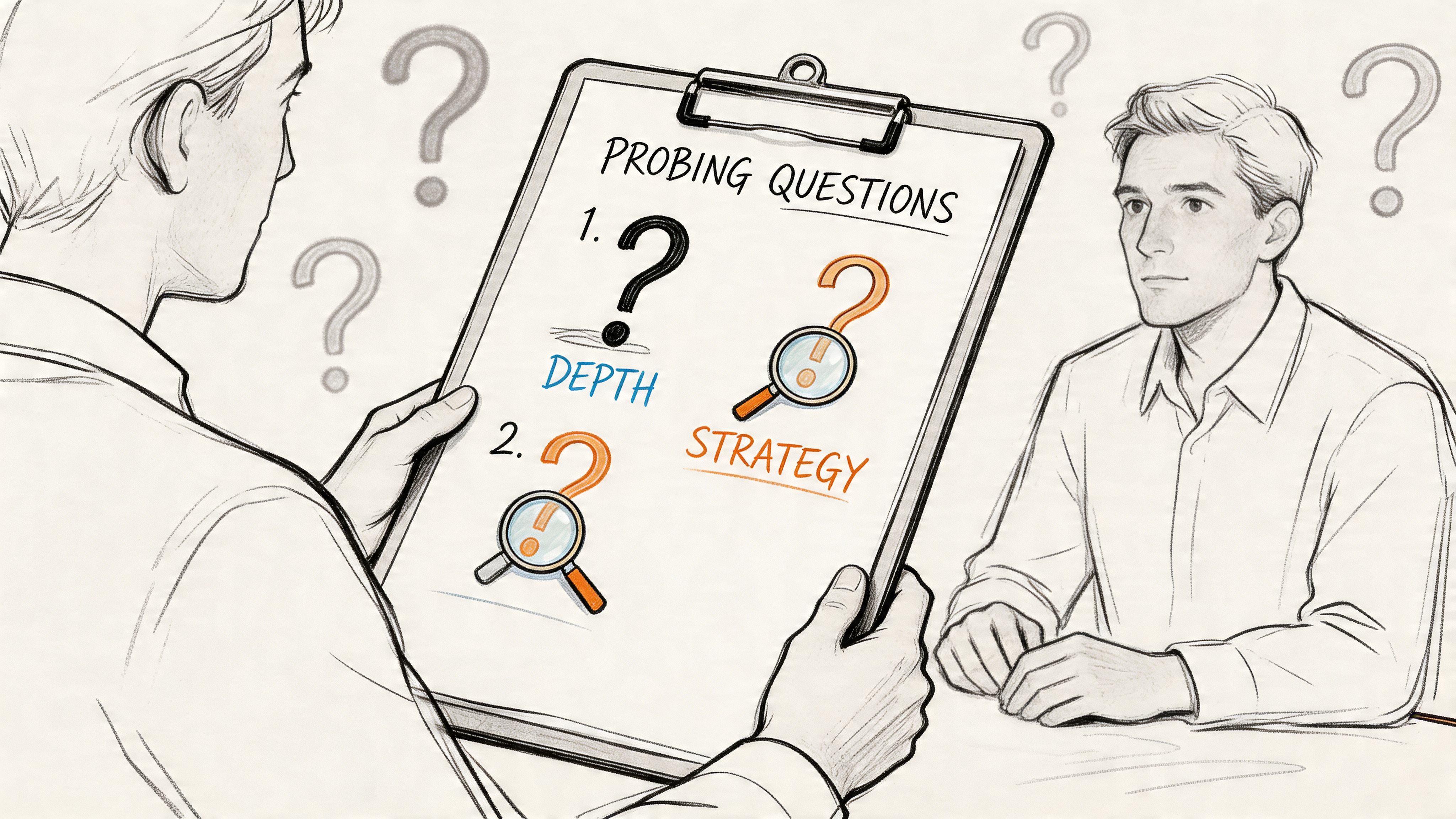 A professional drawing of a person showing a clipboard with probing questions about depth and strategy.