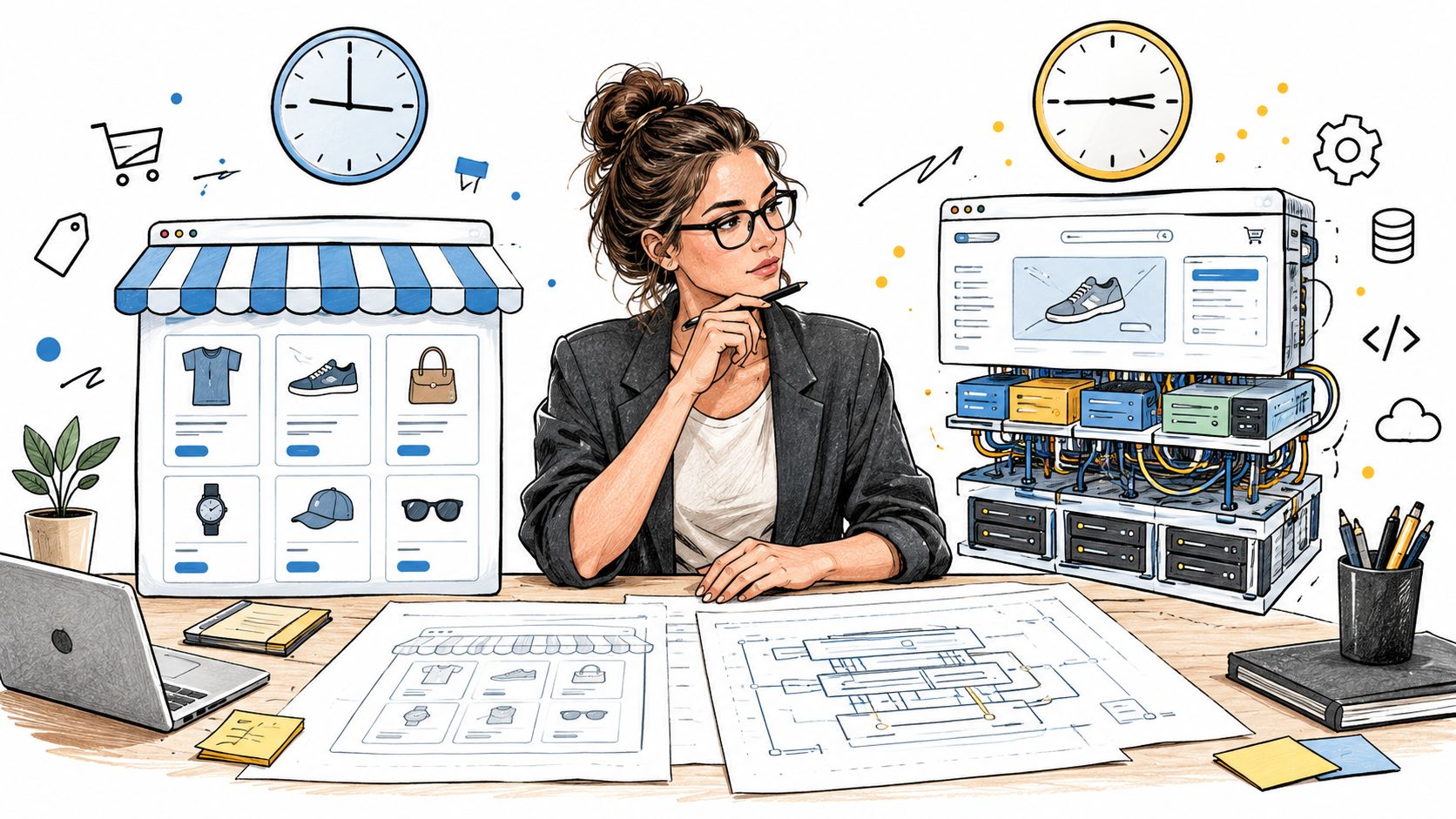 A professional designer planning the architecture and development process for a new custom ecommerce website store.