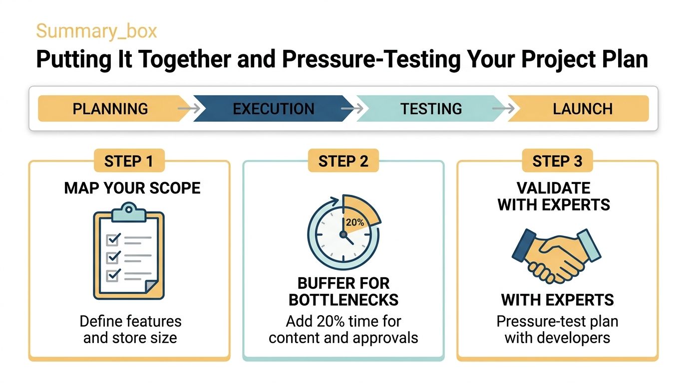 A project planning diagram illustrating steps to map scope, add time buffers, and validate with experts.