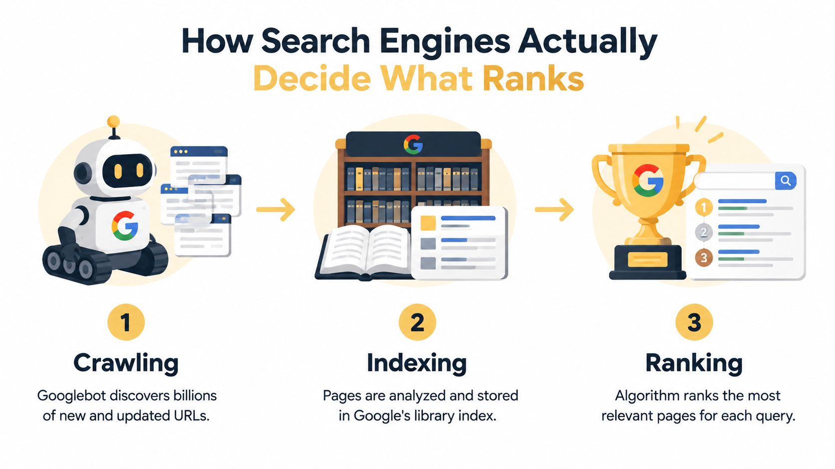 A diagram illustrating the three steps of search engine processing: crawling, indexing, and ranking.