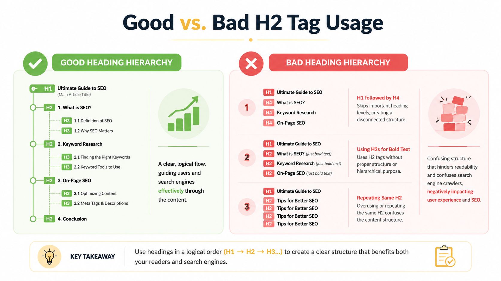 A chart comparing good versus bad H2 tag hierarchy usage for improved SEO and readability practices.